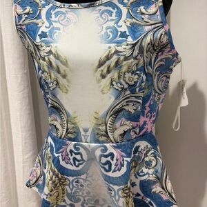 Baroque-Print Peplum Tank Top — Blue, Pink & Cream